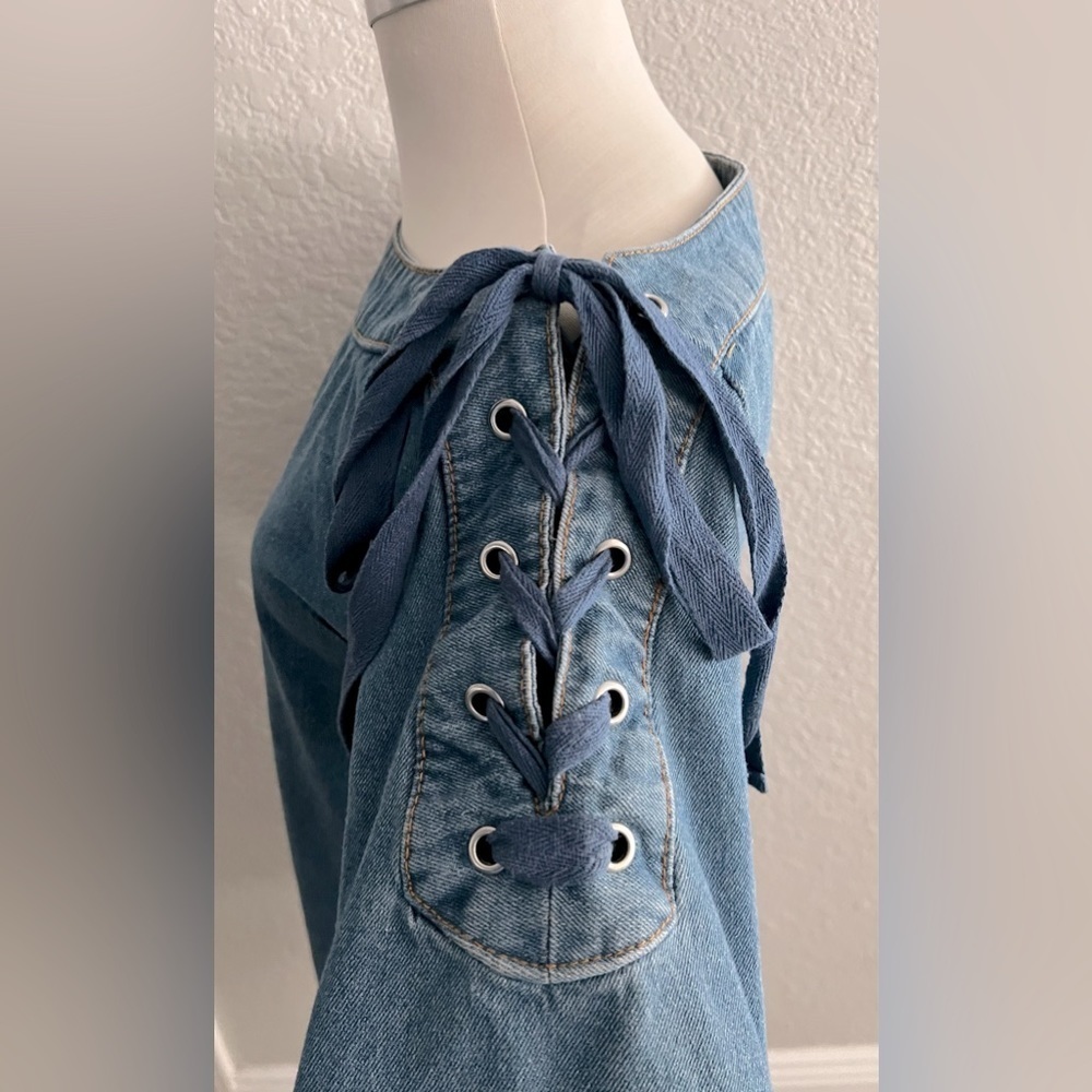 Anthropologie Maeve denim Shift Dress Size XS lace up sleeve w bleach at bottom - Picture 4 of 7